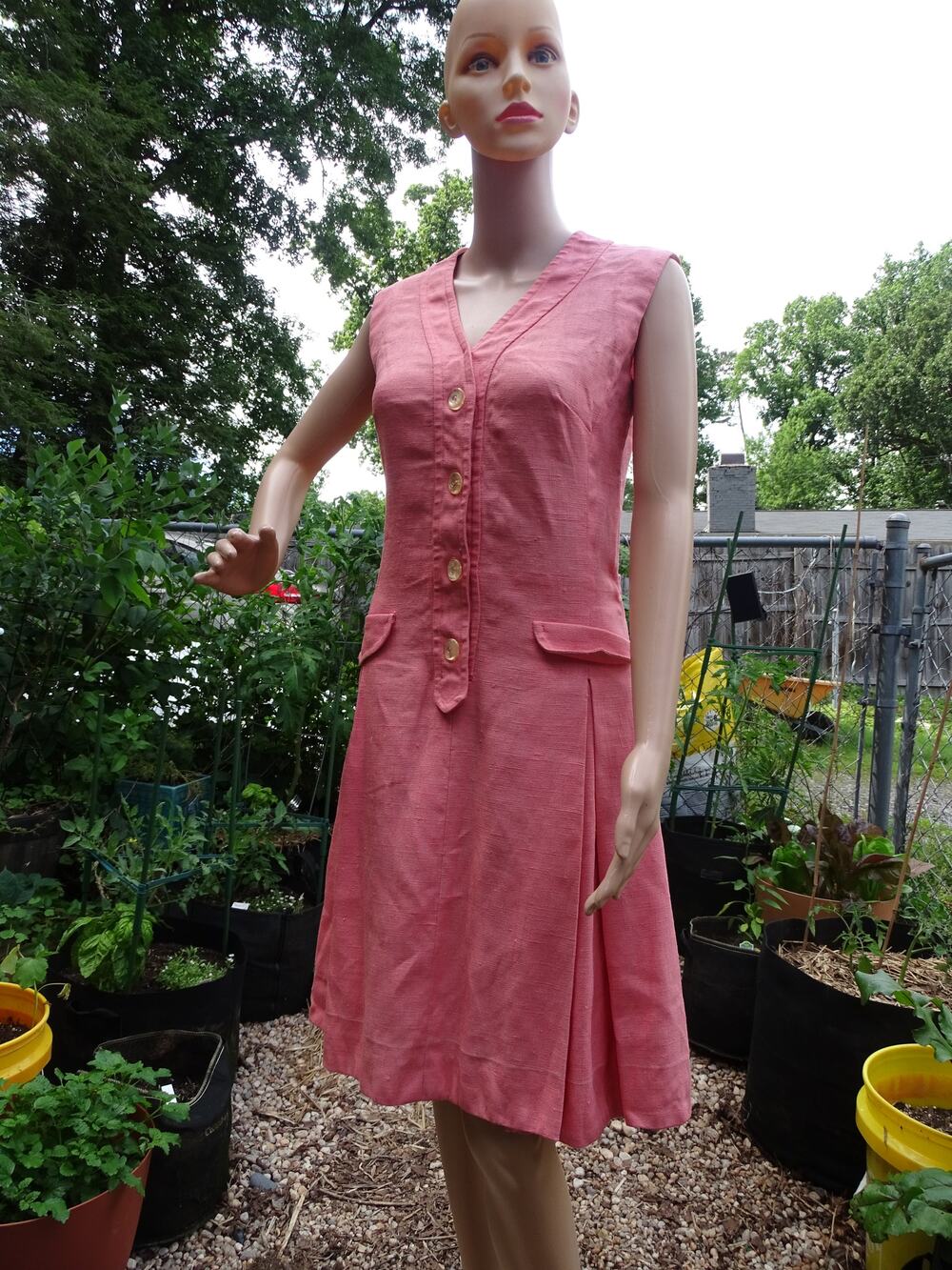 Vintage 60s Sloat Moygashel Irish Linen Dress Coral Pink Button Front Midi
